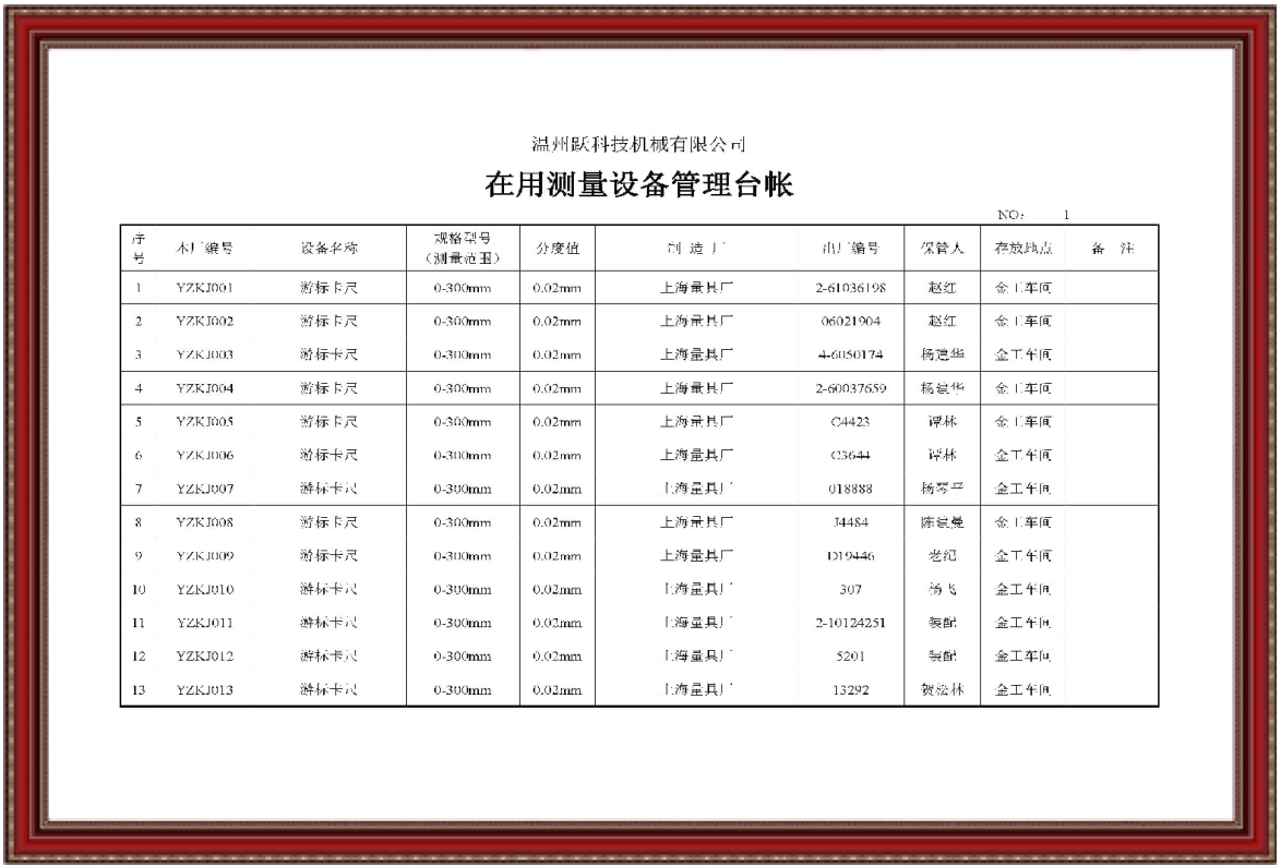 在用測量設備管理臺賬